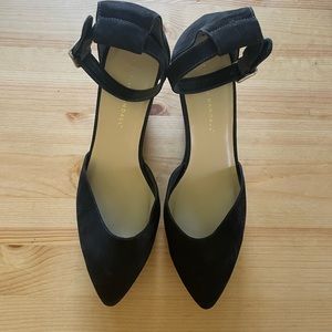 Black suede wedge ankle buckle shoe
